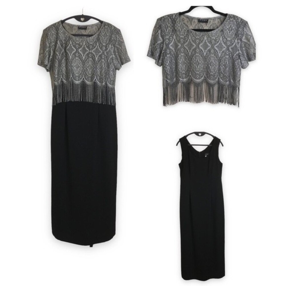 Vintage Long Sleeveless Sheath Dress Black Lace Metallic Overlay Silver Womens 8
